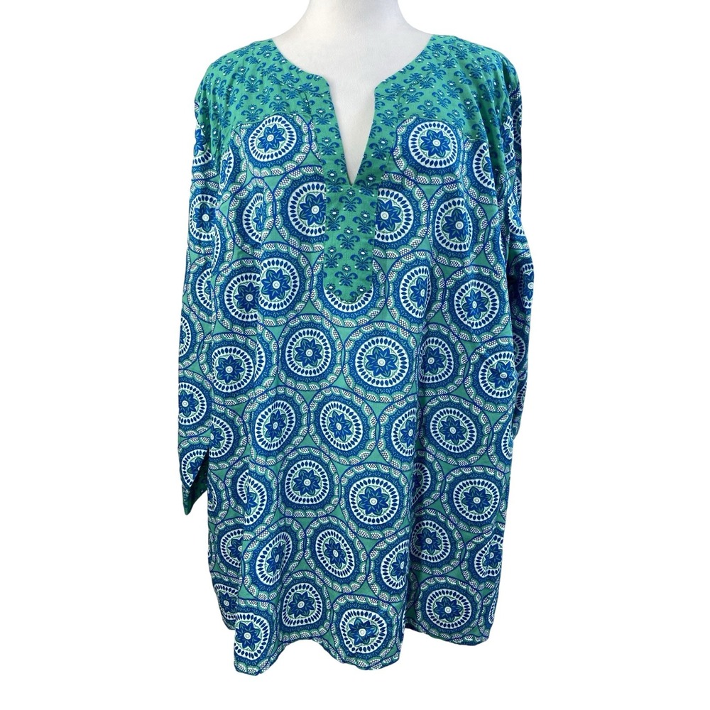 Talbots Blouse Womens 2X Multicolor Medallion Floral V Neck 3/4 Sleeve Tunic Top